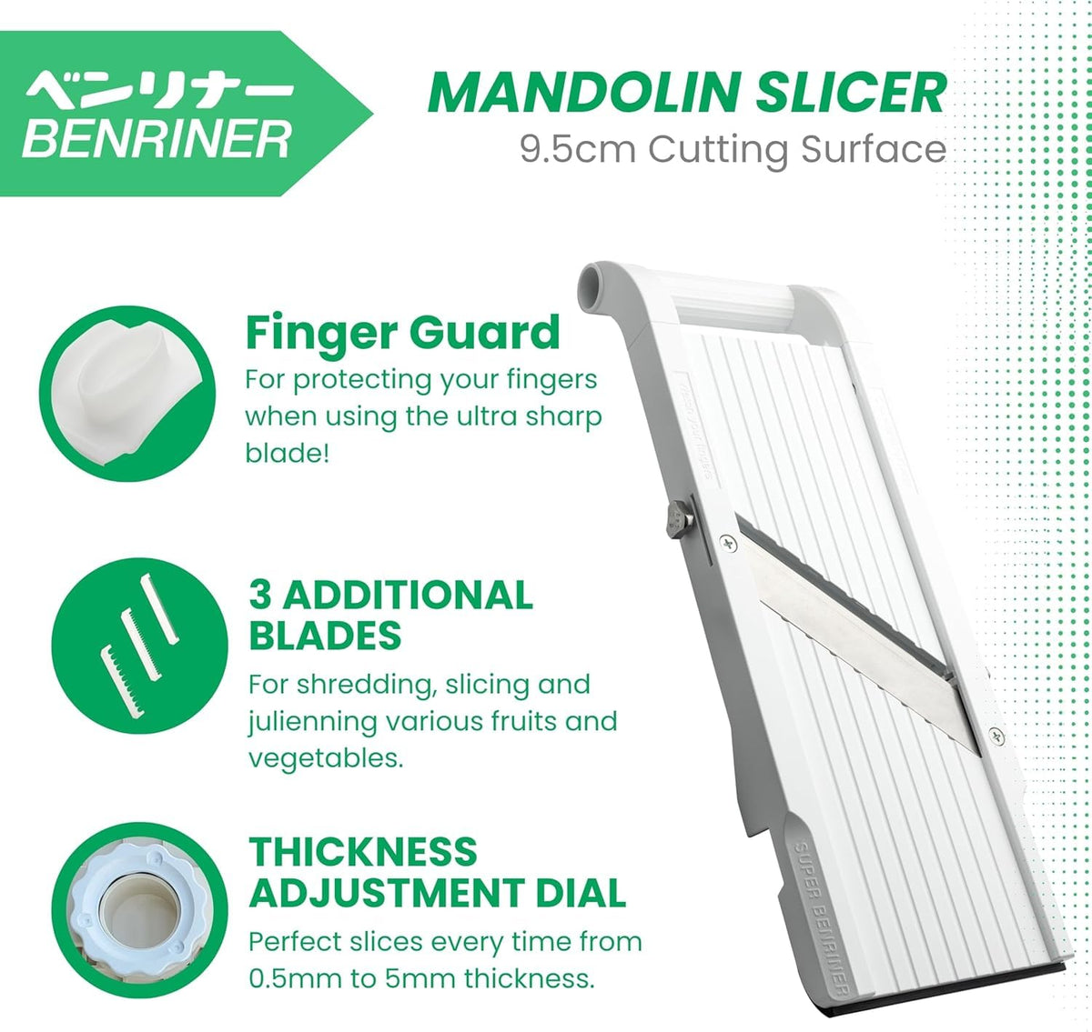 Benriner mandoline collection hook keeps sliced pieces ready to transfer.