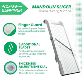 Benriner mandoline collection hook keeps sliced pieces ready to transfer.