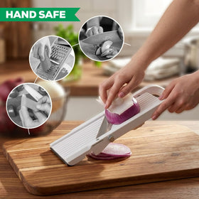 Benriner mandoline non-skid base stabilizes slices during use.