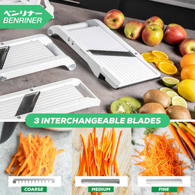 Benriner mandoline slicing surface produces wide, consistent cuts ideal for stir-fries.