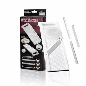 Benriner mandoline blade set enables precise, even slices for uniform cooking.