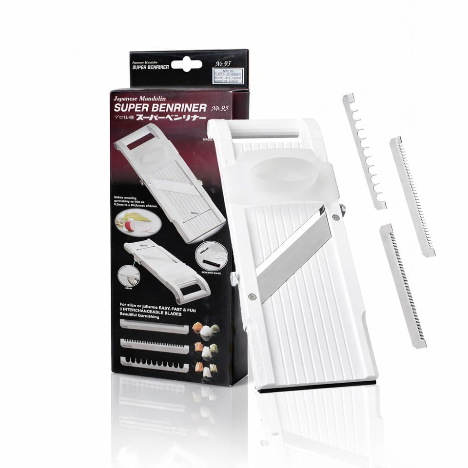 Benriner mandoline blade set enables precise, even slices for uniform cooking.