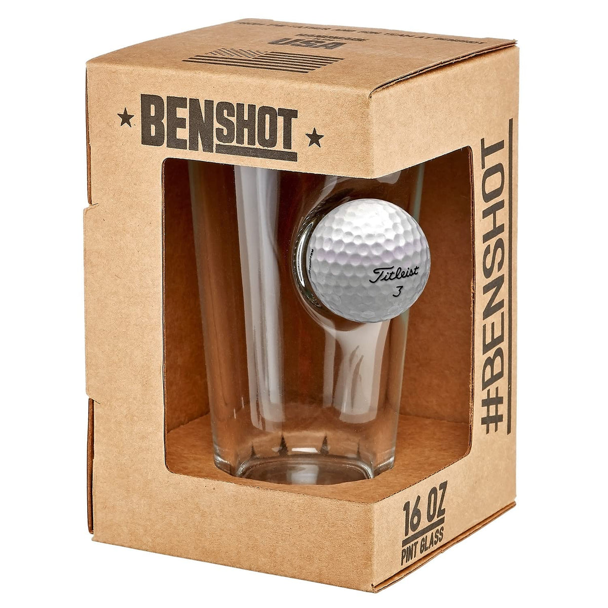 BenShot 16oz pint glass with embedded ball, top view, great presentation