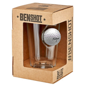 BenShot 16oz pint glass with embedded ball, top view, great presentation