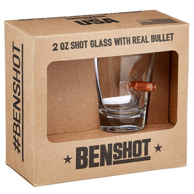 BenShot shot glass close-up showing embedded bullet and striking design