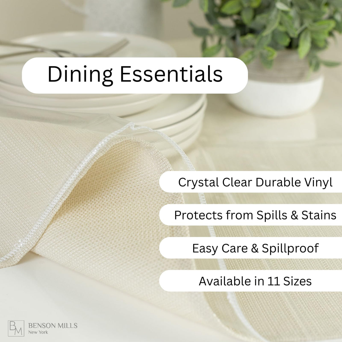 Benson Mills clean-sewn edge tablecloth adds a durable finish to any table