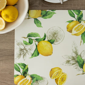 Benson Mills cork placemats lemon motif on dining setup adds refined decor.