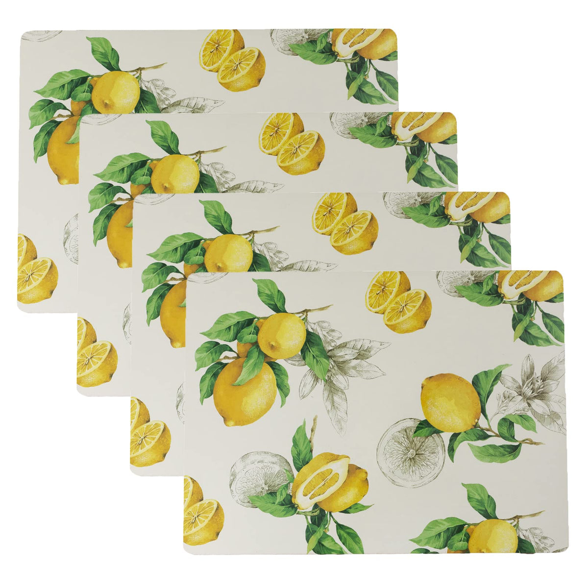 Benson Mills cork placemats lemons design close-up highlights spill bead-up and elegance.