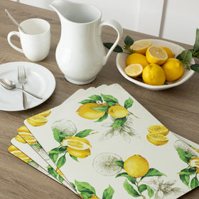 Benson Mills cork placemats lemons design on table demonstrate decorative impact and surface protection.