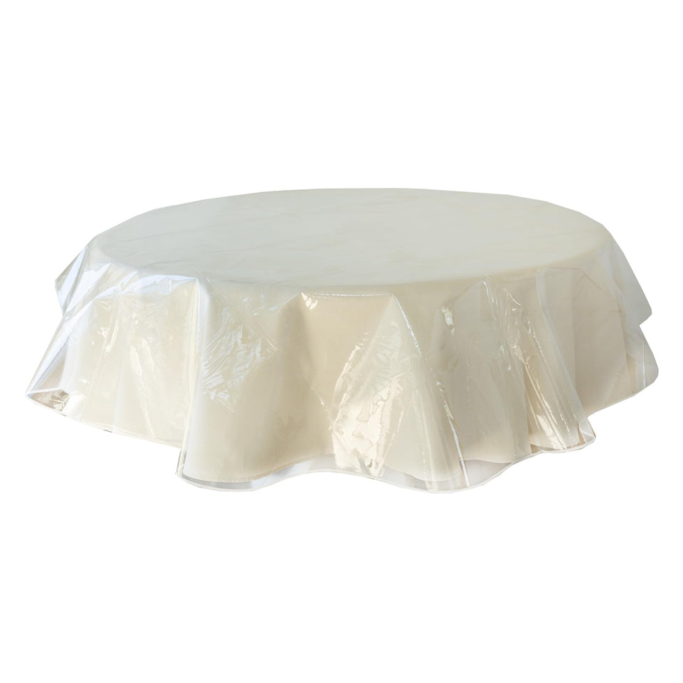 Benson Mills heavy-duty crystal-clear tablecloth top view protects a round table while showing wood grain