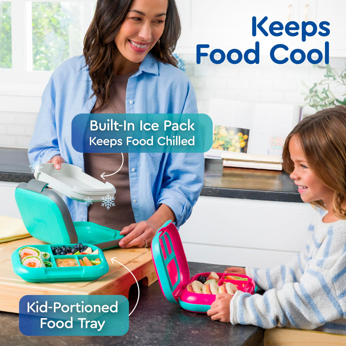 Bentgo Chill Kids four-compartment tray helps organize fruits, veggies, and dips.