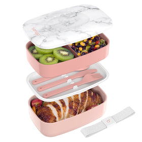 Bentgo Classic blush marble open lid showing built-in utensils for on-the-go meals.