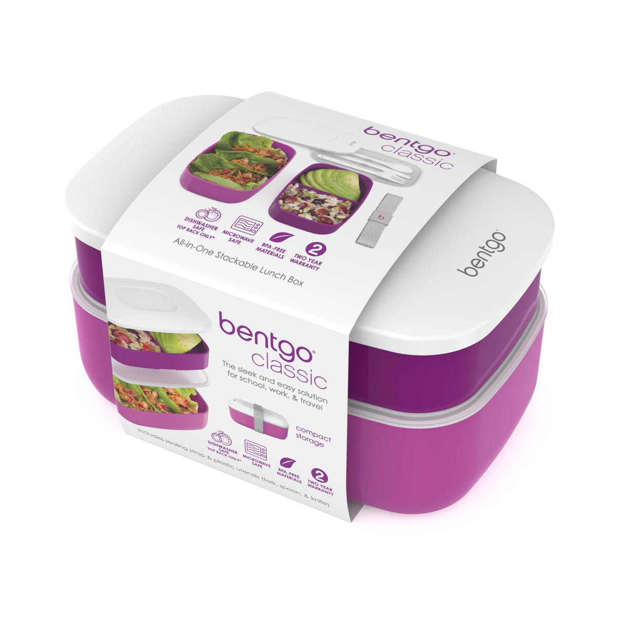 Bentgo Classic stackable design saves space in bags and drawers.
