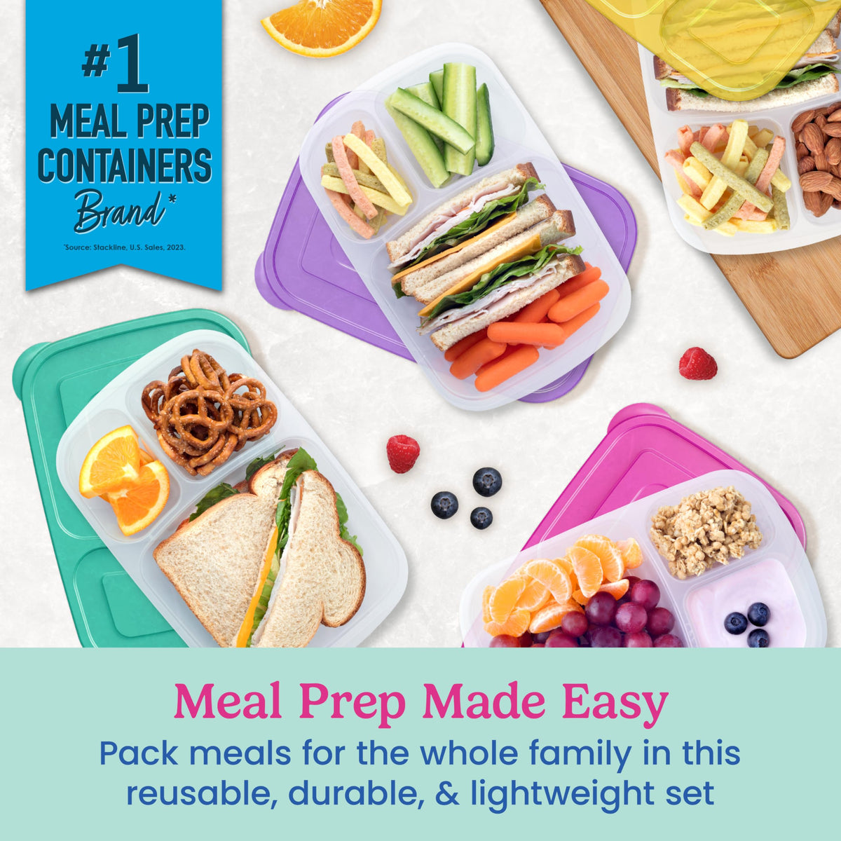 Bentgo Easyboxes 3-compartment trays ready for varied portions and mess-free packing.