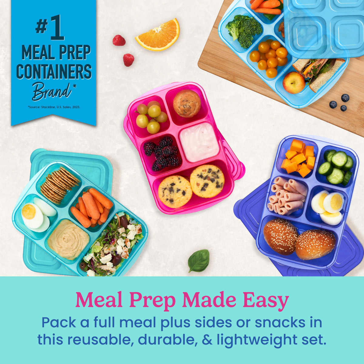 Bentgo Easyboxes lids and trays demonstrate stackable design for fridge organization.