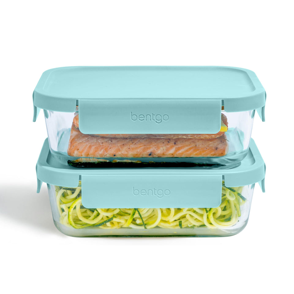 Bentgo glass leak-proof rectangle set with secure lids keeps leftovers fresh.