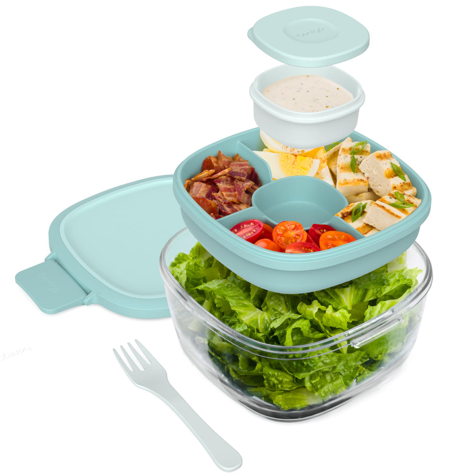 Bentgo Glass Salad Container with airtight lid keeps greens fresh throughout the day.