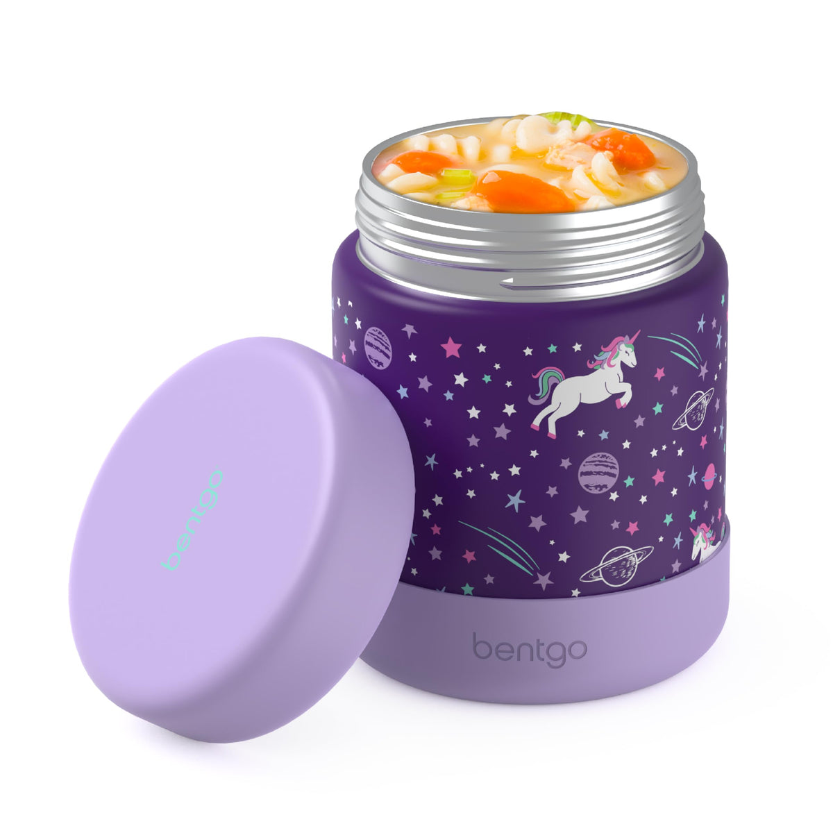 Bentgo Kids 11oz unicorn bumper jar keeps meals secure on the go.