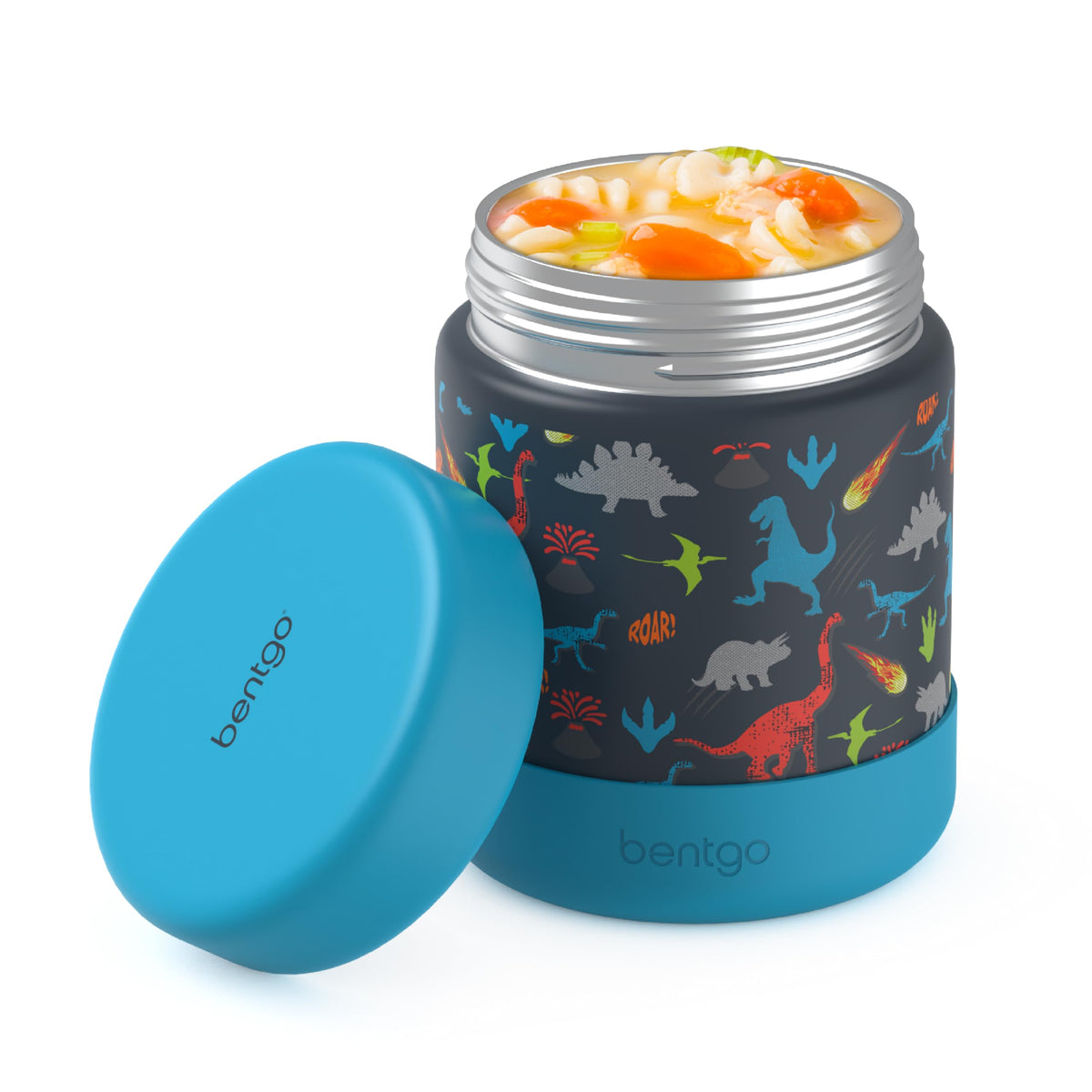 Bentgo Kids dinosaur stainless steel food jar with 11oz capacity for hot or cold meals on the go.