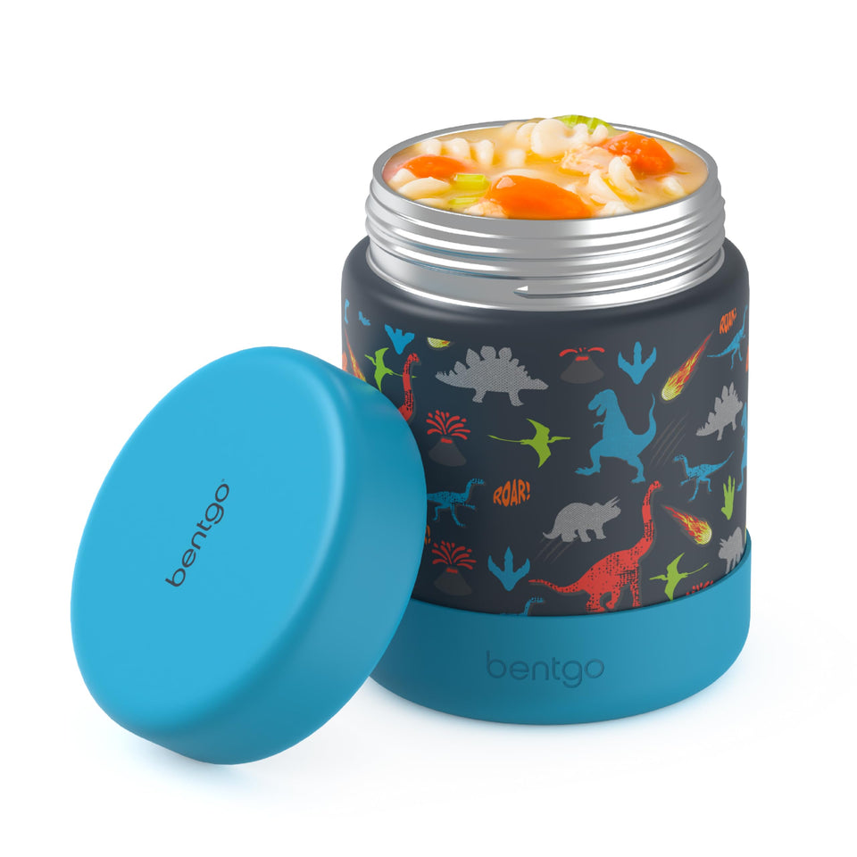 Bentgo Kids dinosaur stainless steel food jar with 11oz capacity for hot or cold meals on the go.