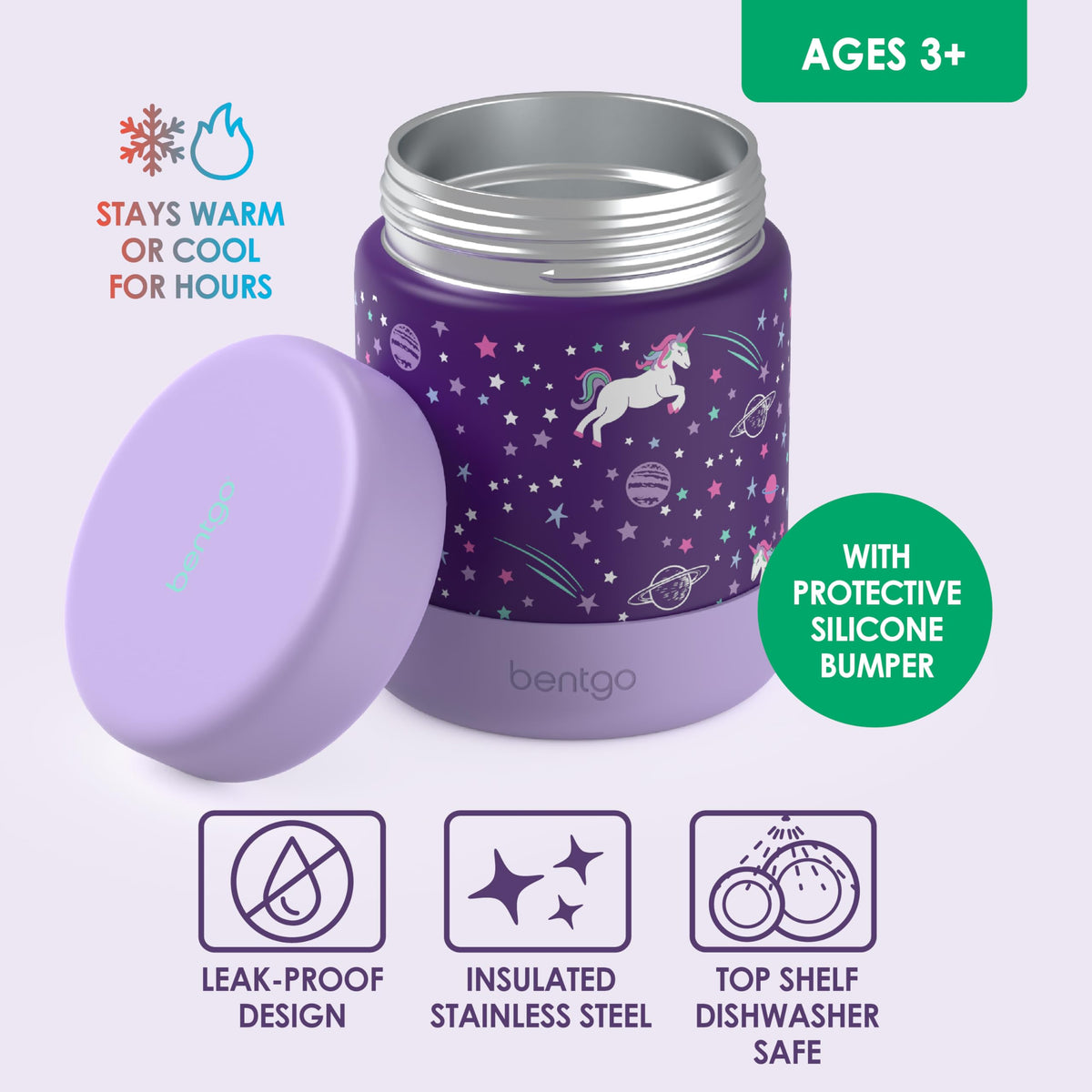 Bentgo Kids leak proof cap with bumper prevents spills in bags.