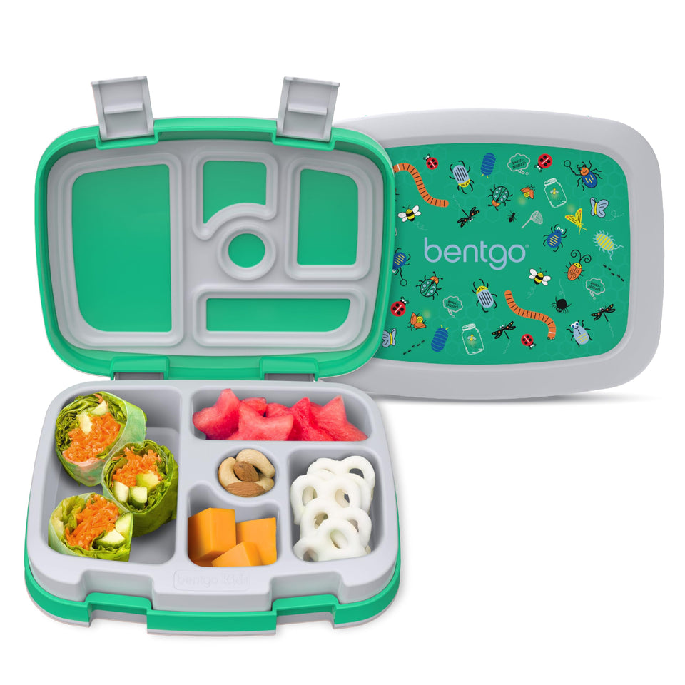 Bentgo Kids Prints leak-proof lunch box with Bug Buddies design for mess-free meals.