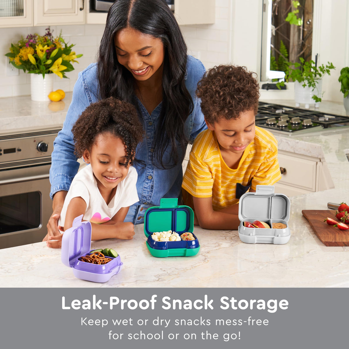 Bentgo Kids Snack leak-proof seal prevents spills during lunch or travel.