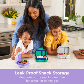 Bentgo Kids Snack leak-proof seal prevents spills during travel and school.