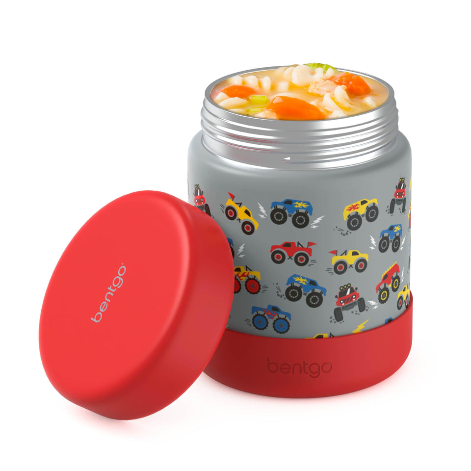 Bentgo Kids stainless steel food jar front view shows 11oz capacity for school lunches.