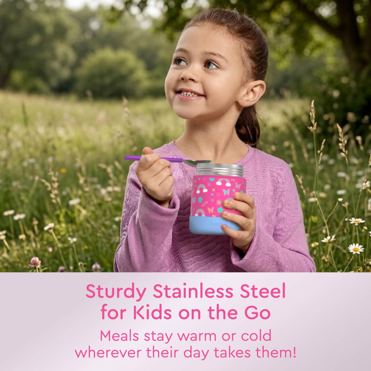 Bentgo Kids stainless steel jar shows leak-proof seal to prevent spills.