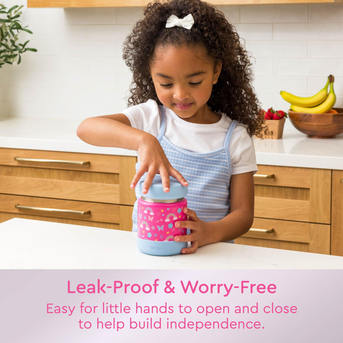 Bentgo Kids stainless steel jar highlights thermal insulation for hot or cold meals.