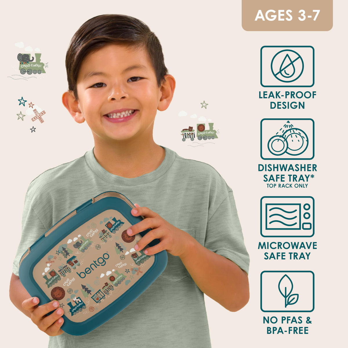 Bentgo Kids trains prints lunch box showing five compartments for balanced meals.
