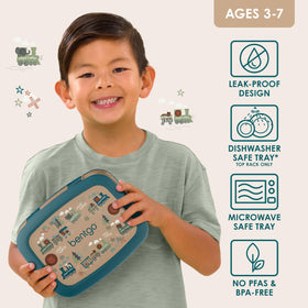 Bentgo Kids trains prints lunch box showing five compartments for balanced meals.