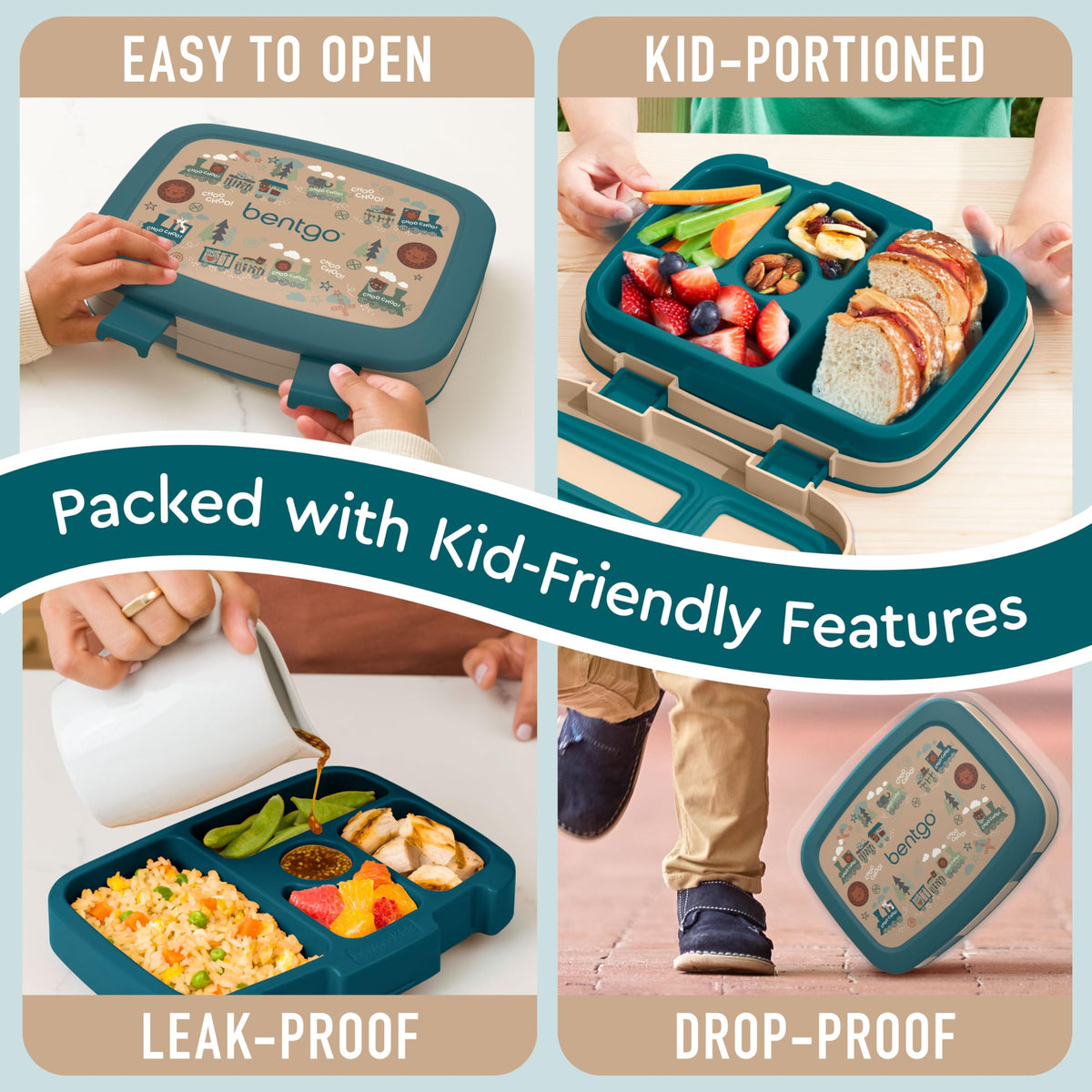 Bentgo Kids trains prints lunch box ready for dishwasher cleaning after use.