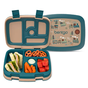 Bentgo Kids trains prints lunch box open, five compartments for precise portions.