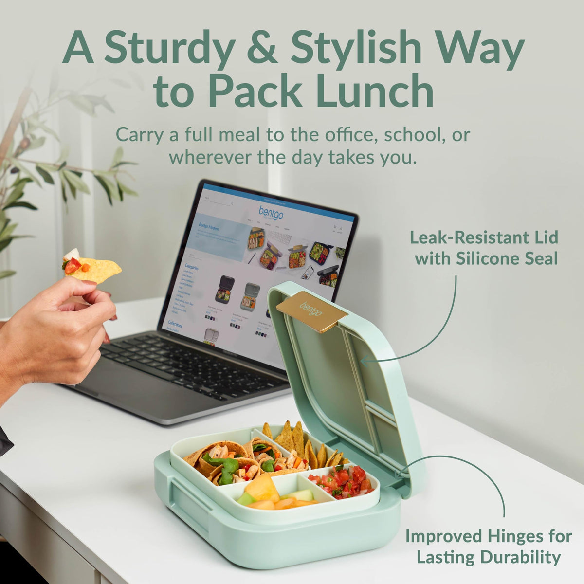 Bentgo Modern lunch box with removable divider for customizable portions.