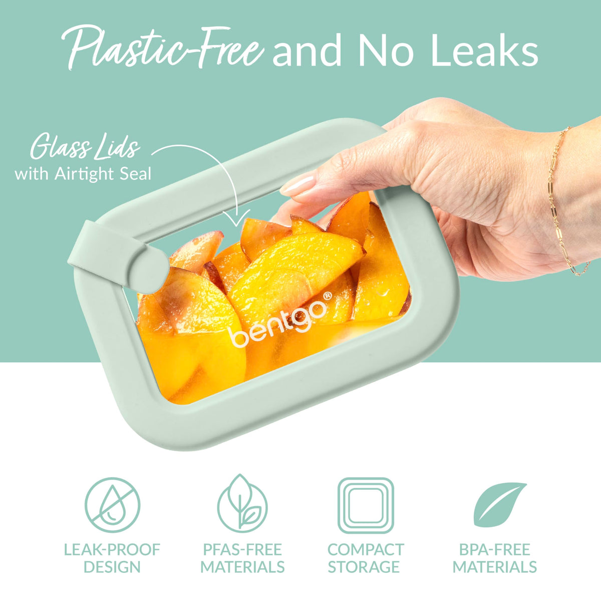 Bentgo plastic-free PFAS-free glass storage as a sustainable kitchen option.