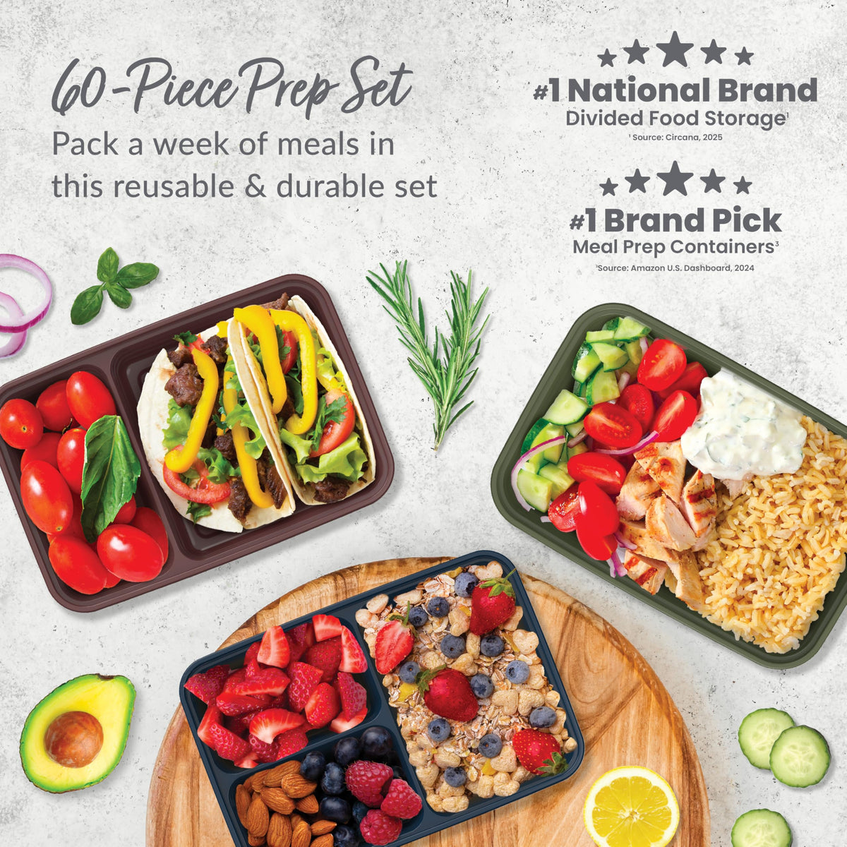 Bentgo Prep 60-piece kit two-compartment trays for balanced meals.