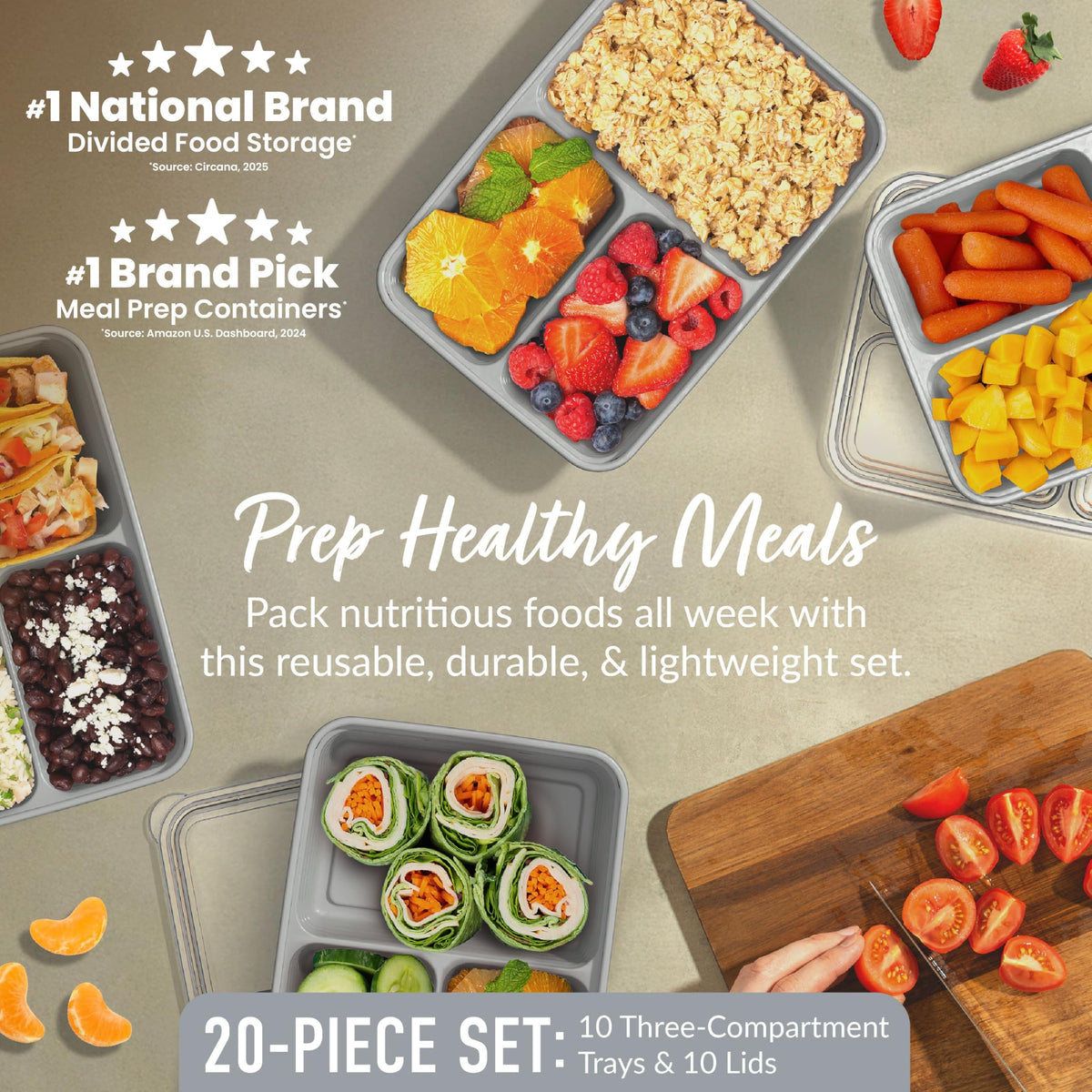 Bentgo Prep embossed measurements enable precise portion control on each tray.