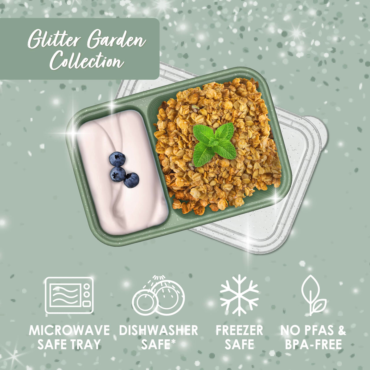 Bentgo Prep Basil Glitter microwave-safe trays for quick reheating.