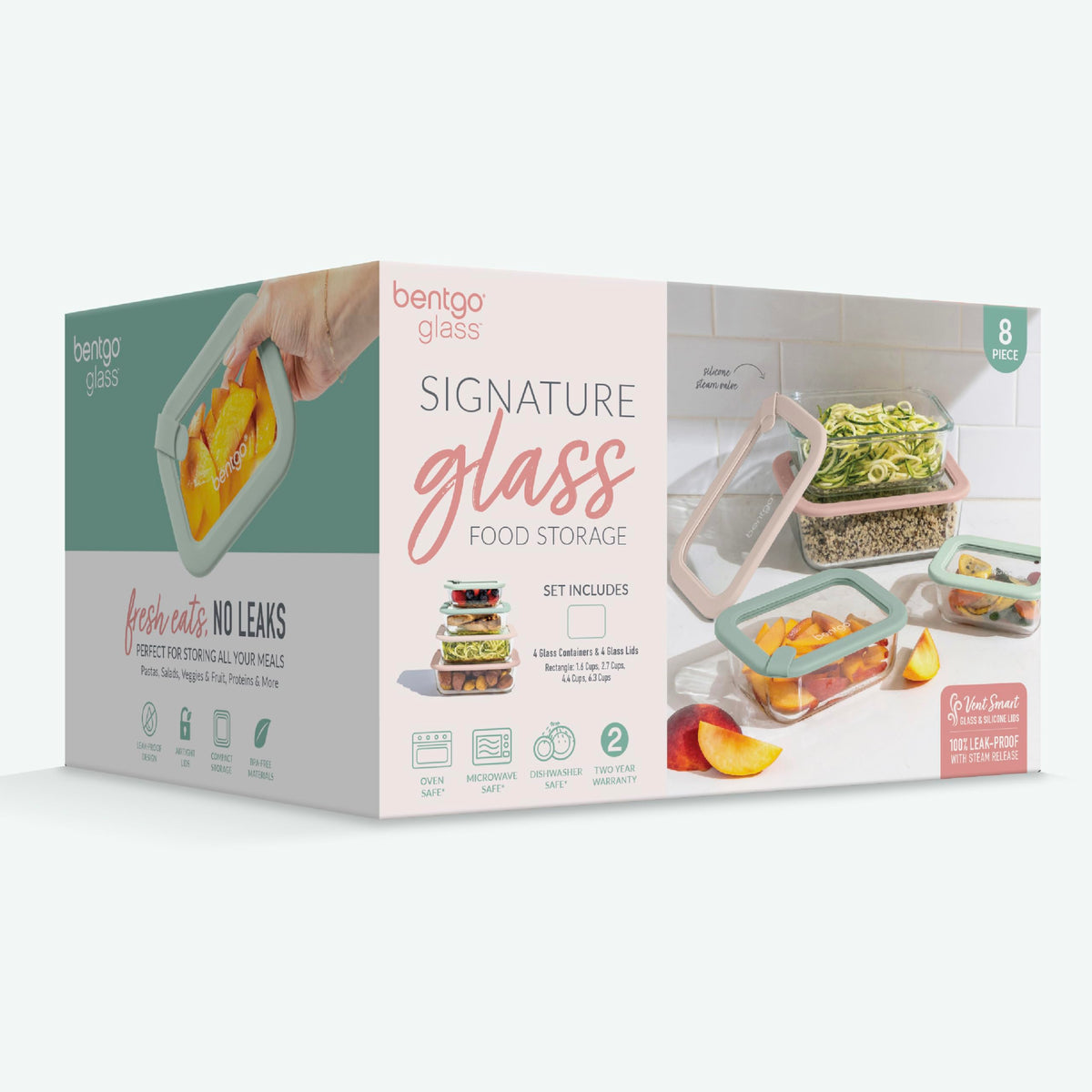 Bentgo rectangular containers and lids in desert sage show sizes.