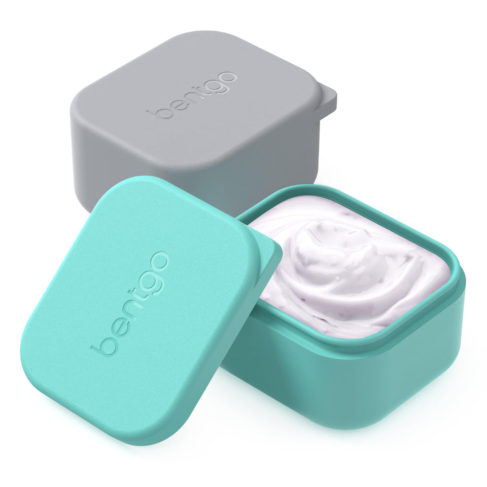 Bentgo Sidekicks silicone dipping cups in gray and aqua, ideal for sauces and snacks.