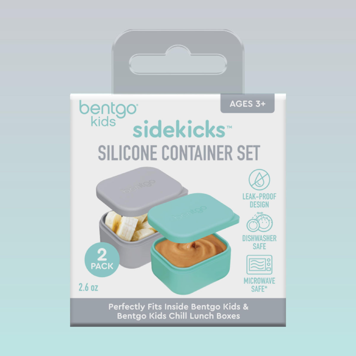 Colorful gray and aqua Bentgo Sidekicks enhance lunch packing with durable, leakproof design.