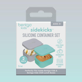 Colorful gray and aqua Bentgo Sidekicks enhance lunch packing with durable, leakproof design.