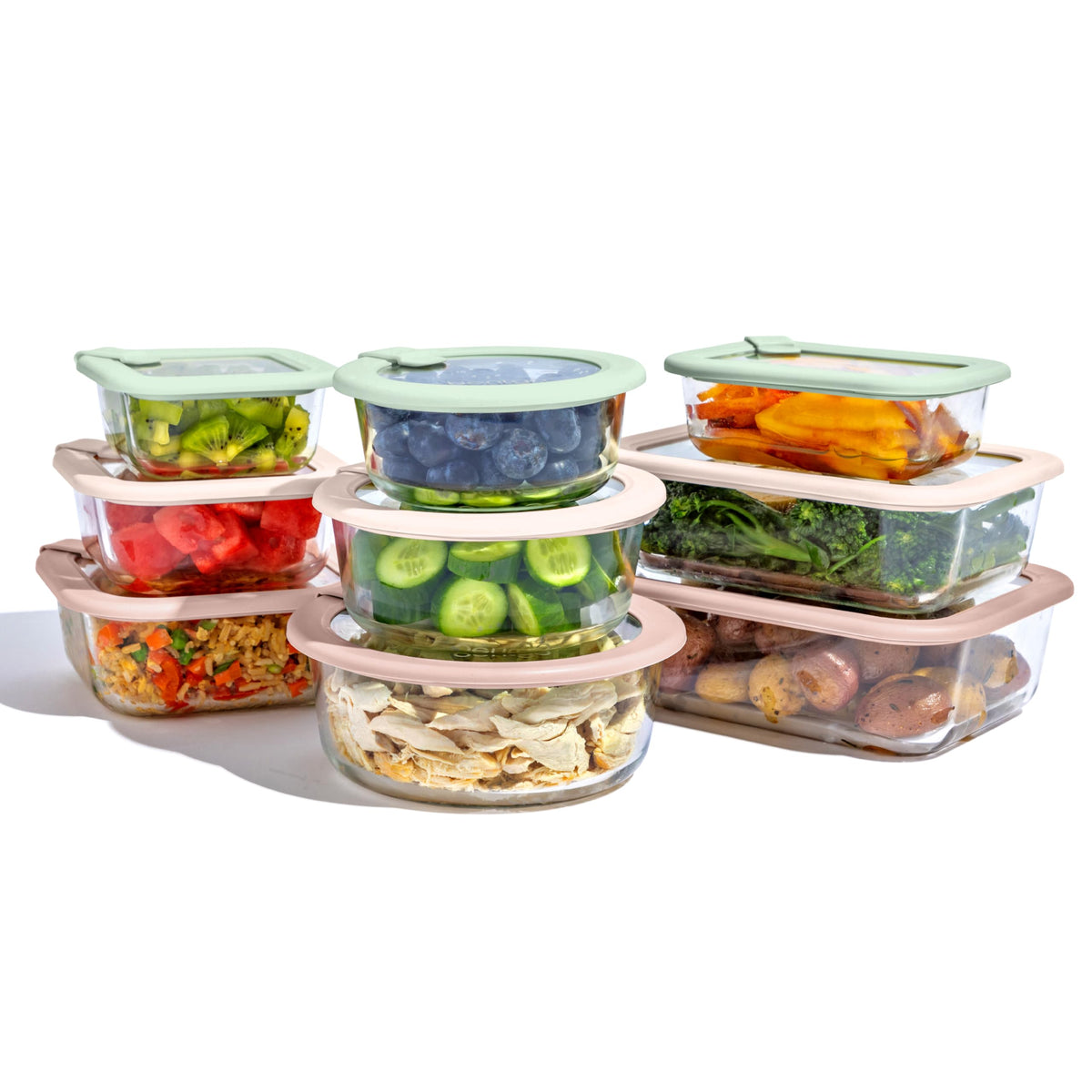 Bentgo Signature Desert Sage glass lids provide a tight seal for leak-free fridge or freezer storage.