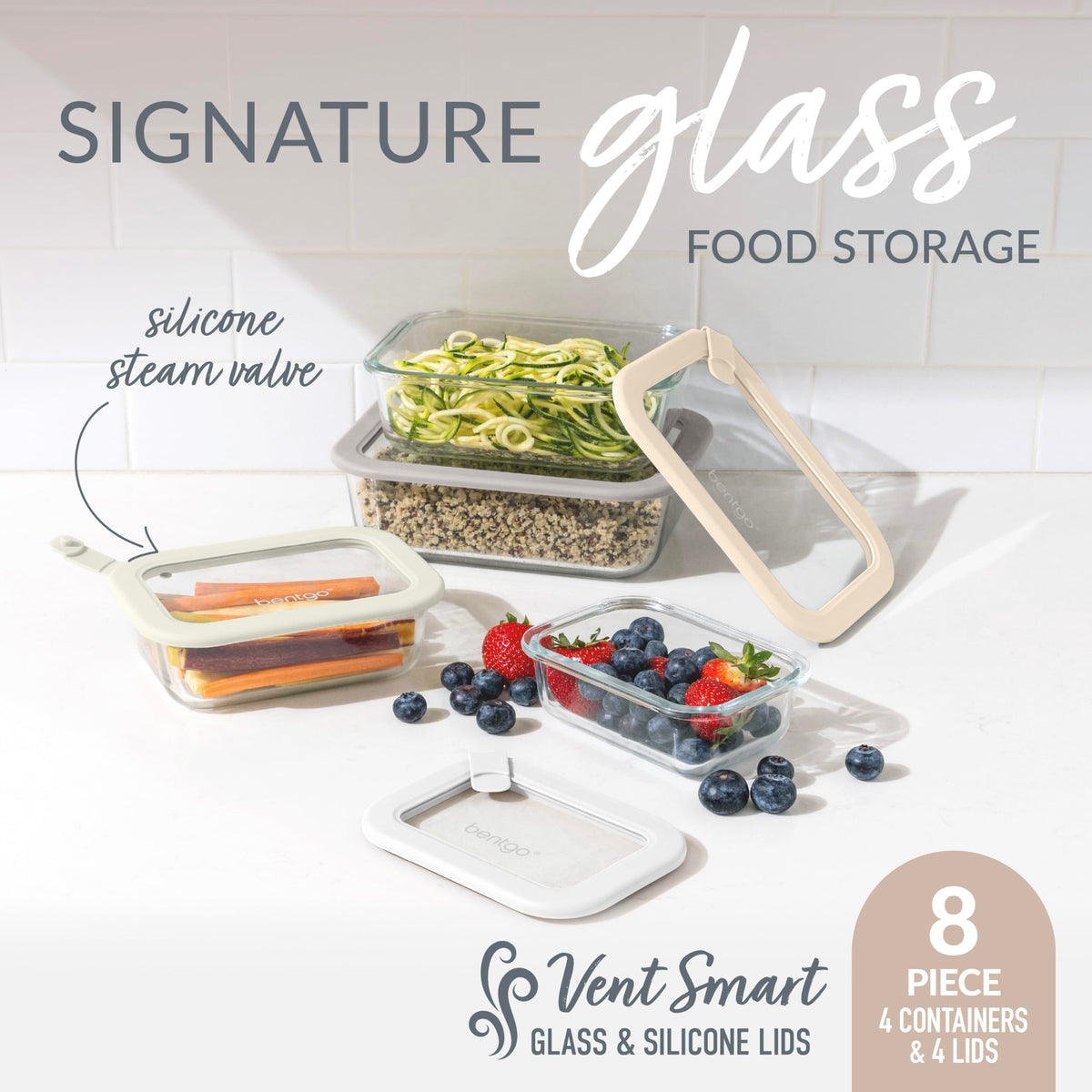 Bentgo Signature medium rectangle glass container offers clear visibility and stackable meal storage.