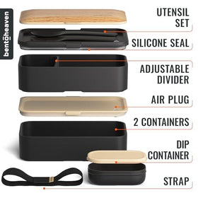 Includes chopsticks, fork, spoon, knife and sealing strap for easy transport