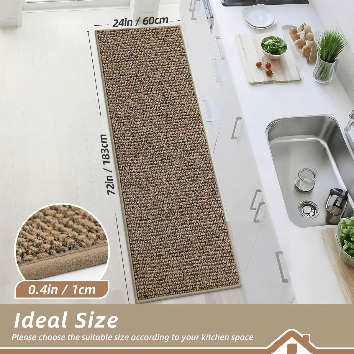 BEQHAUSE taupe kitchen runner with non-slip backing stays put.