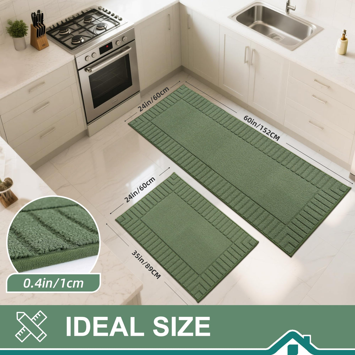 BEQHAUSE kitchen rug anti-slip green 24x60 for safe standing by the sink.