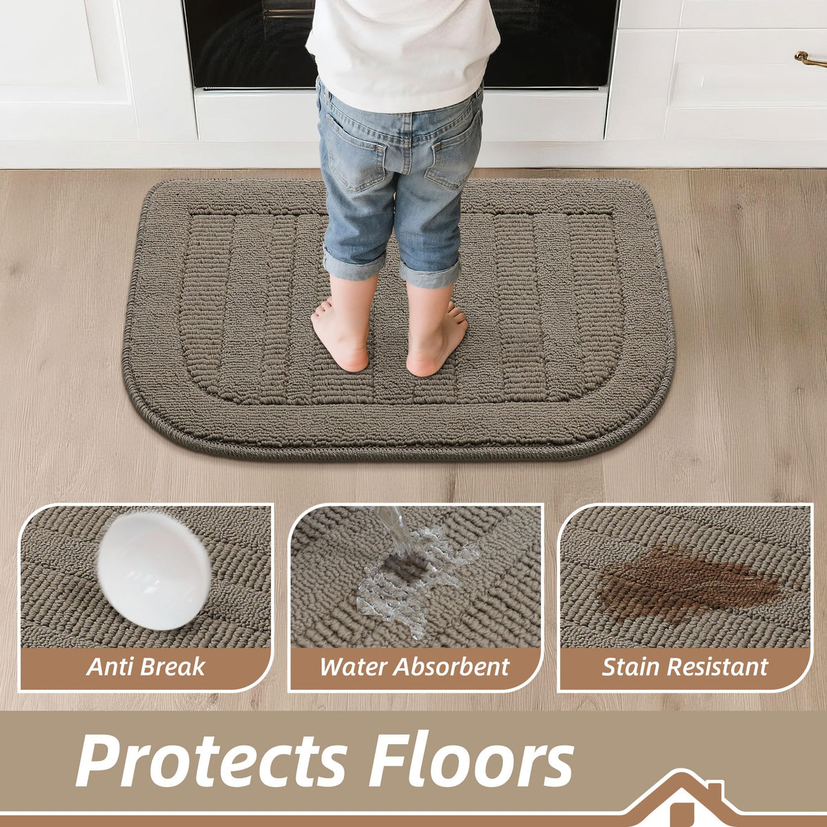 BEQHAUSE semicircular kitchen mat fits sink area with modern taupe tone.